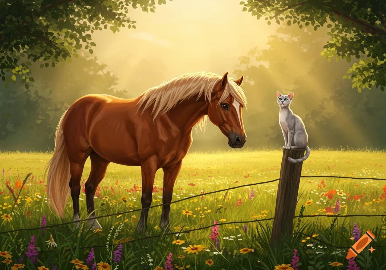 A brown horse stands in a sunny wildflower field, looking at a grey cat perched on a wooden fence post, in a painterly style.