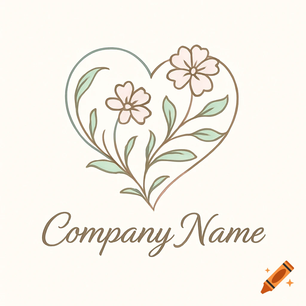 A delicate floral logo featuring pink flowers and green leaves within a heart shape, with 'Company Name' in script below.