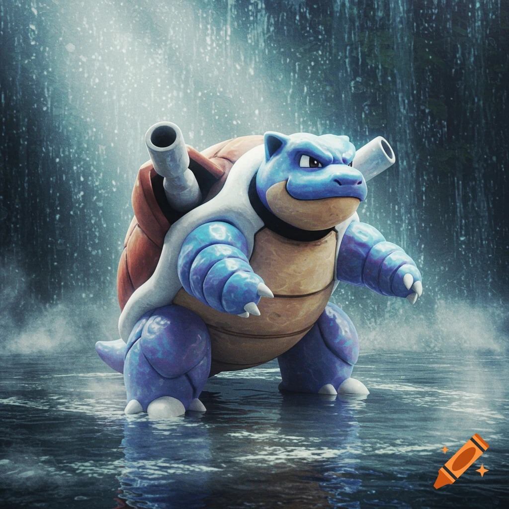 A realistic Blastoise with a reddish-brown shell stands in a rainy environment with water splashing around its feet.