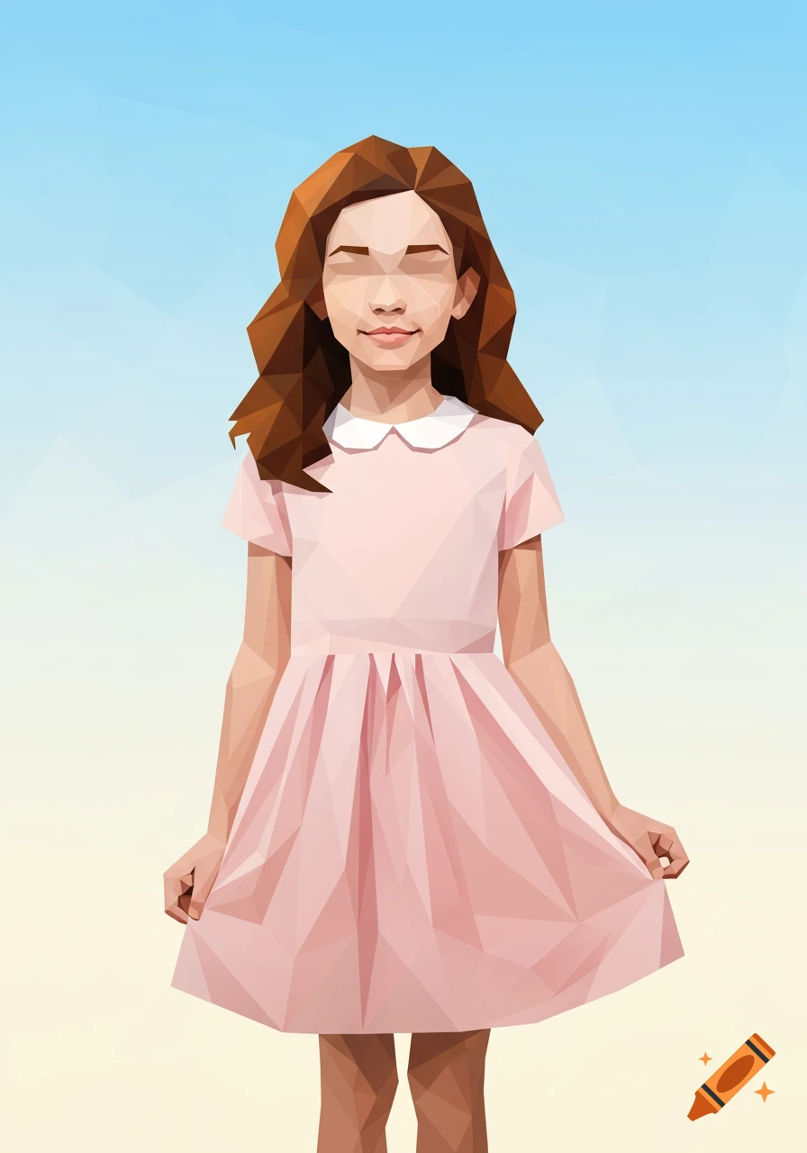 Low-poly portrait of a smiling young girl with brown hair in a pink dress against a gradient background.
