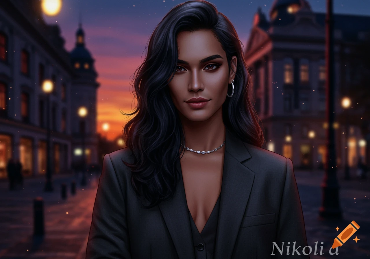 A digital art portrait of a woman with dark hair and a suit, standing on a city street at dusk.