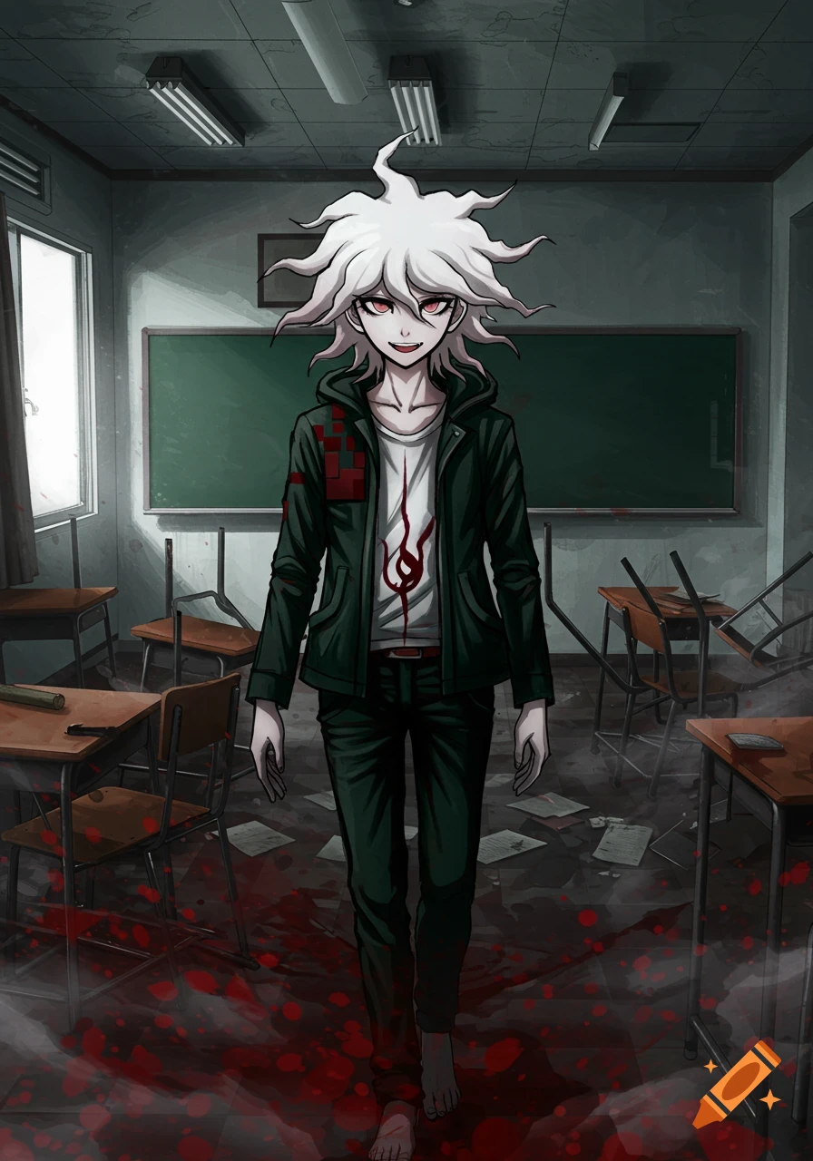 An anime male character with spiky white hair and red eyes stands barefoot in a blood-splattered, disheveled classroom, in a game art style.