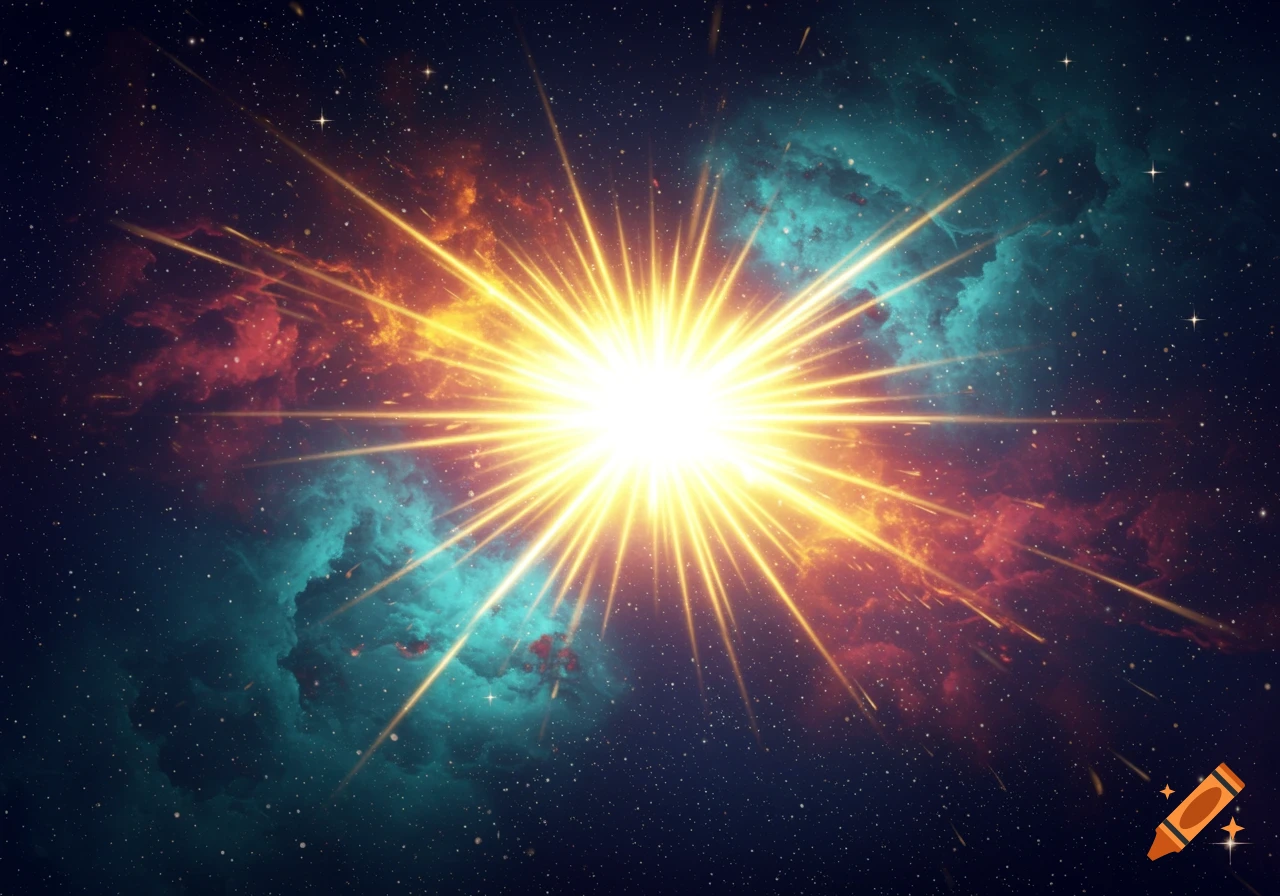 A bright, golden starburst radiates light in a dark cosmic nebula filled with red, blue, and teal gas and countless stars.