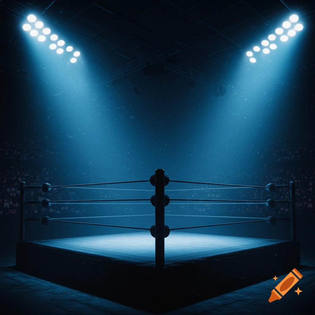 A realistic, empty wrestling ring illuminated by bright blue spotlights from above, with a blurred crowd in the background.