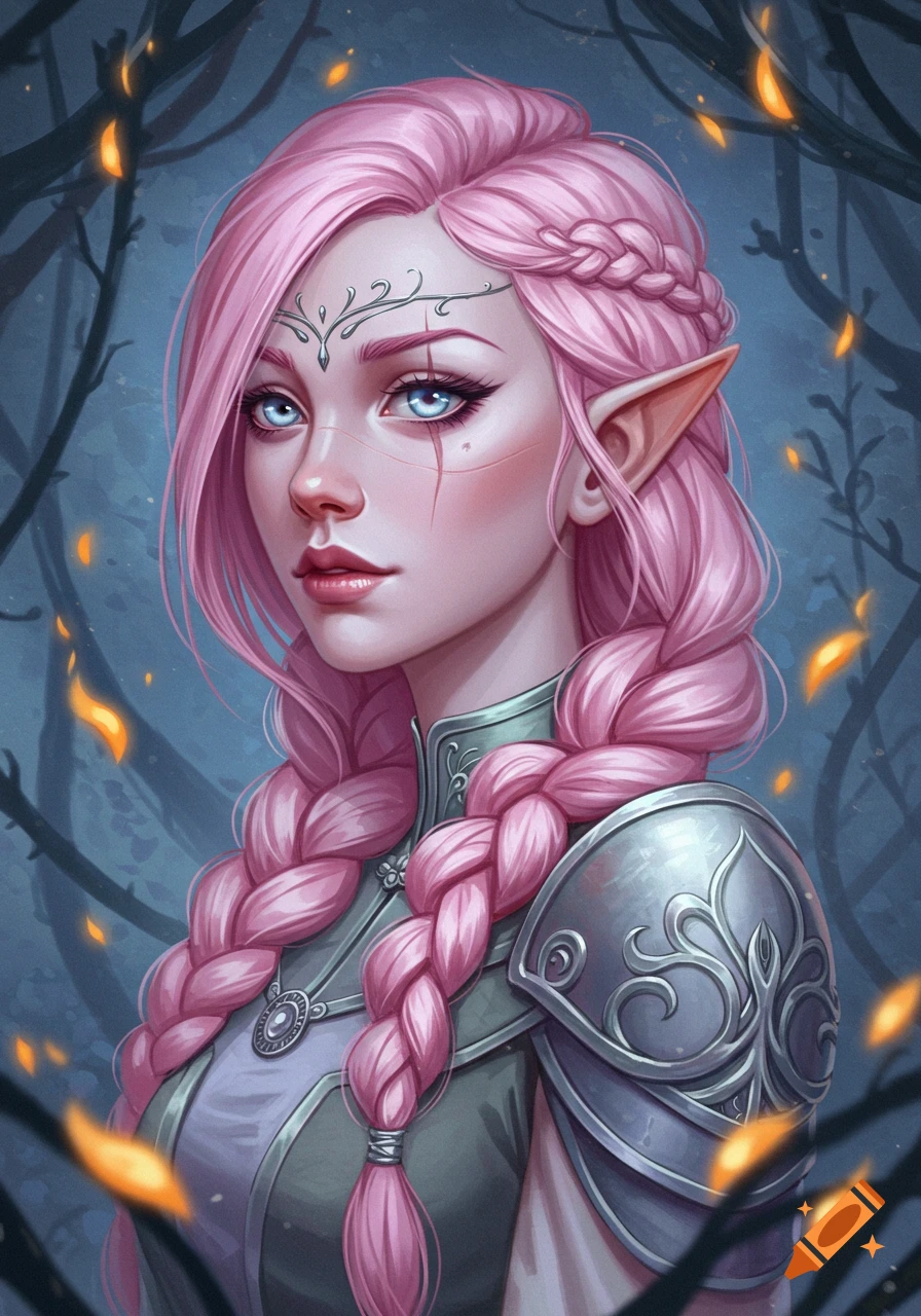 A detailed portrait of an elf with long pink braids, blue eyes, a facial scar, and ornate armor, set in a mystical forest.