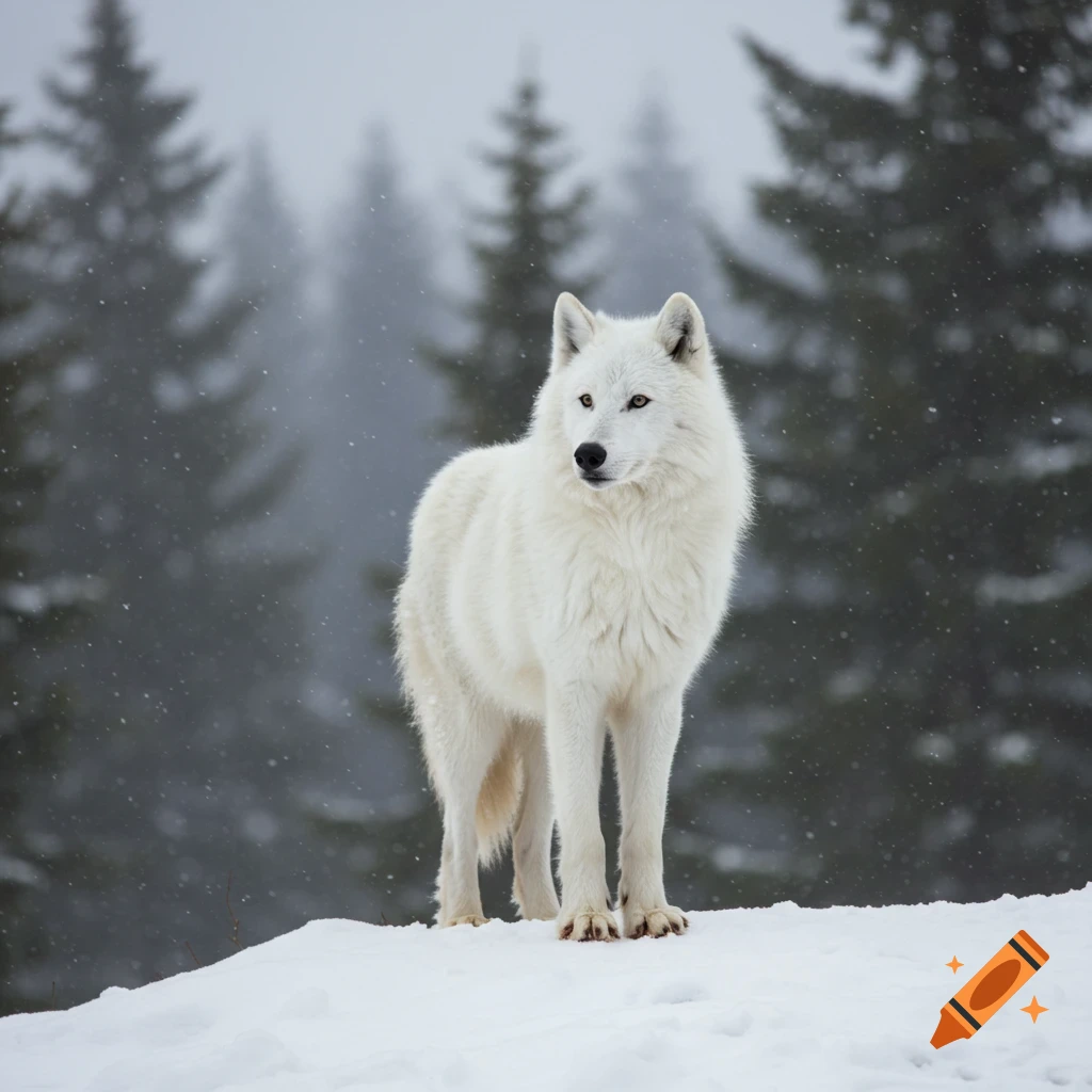 A majestic white wolf stands in the snow with pine trees in the blurred background, and snowflakes falling.