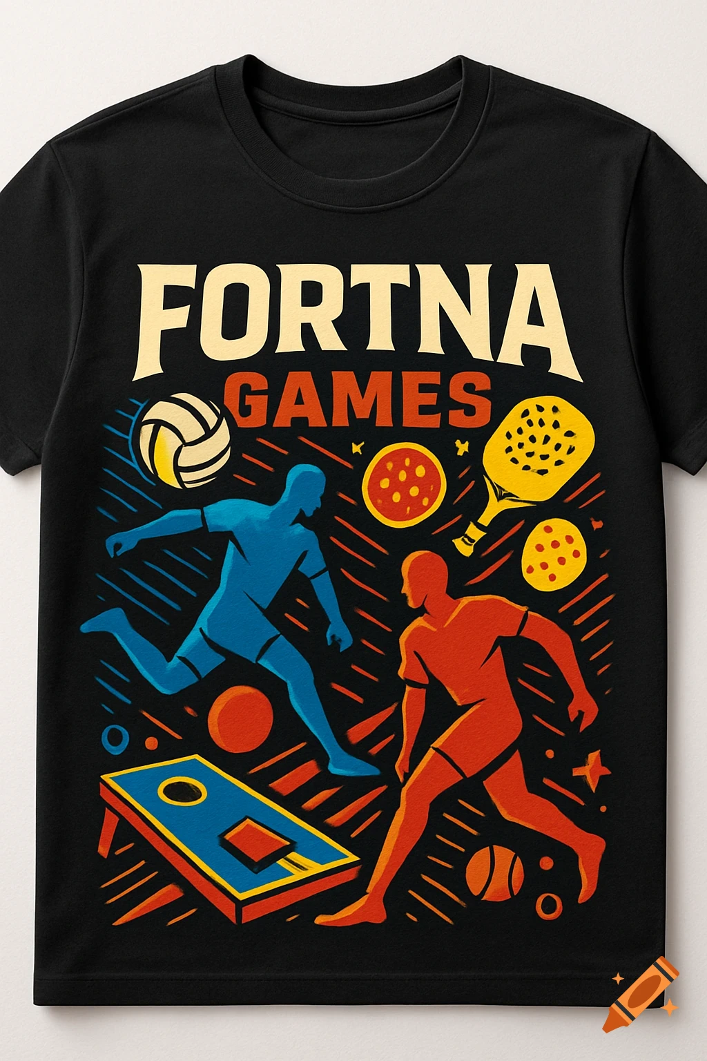 A black t-shirt with a colorful illustration of two stylized sports figures, one blue and one orange, surrounded by a volleyball, pickleball paddle, and cornhole board. The text "FORTNA GAMES" is prominently displayed at the top.