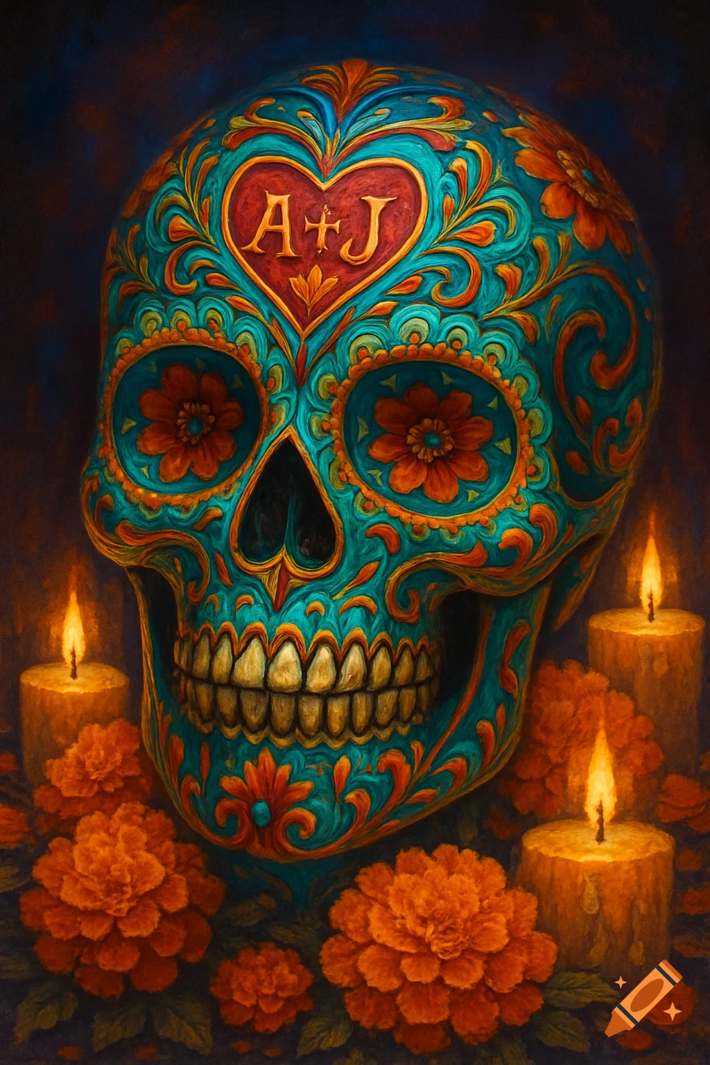 Ornate teal and orange sugar skull with A+J in a heart, surrounded by candles and marigolds.