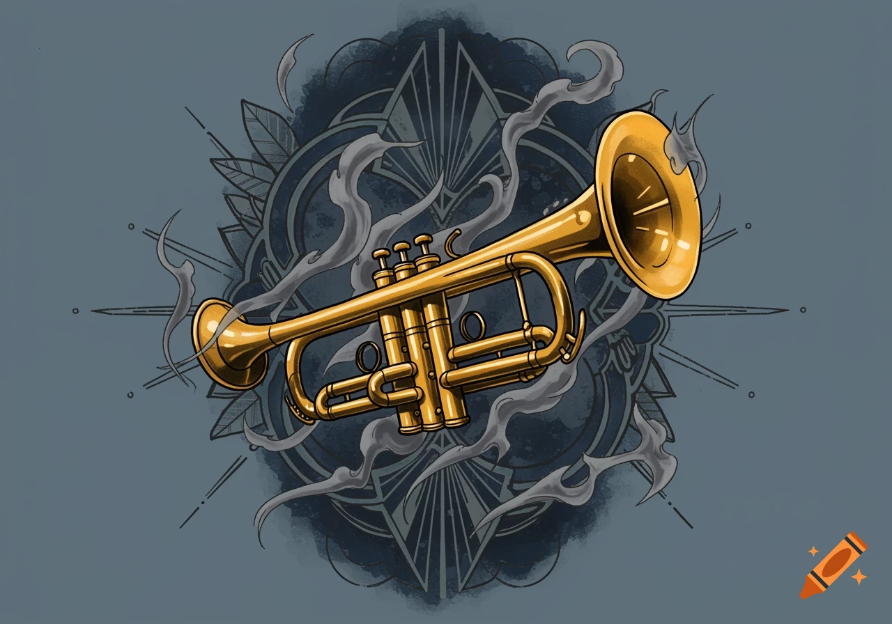A golden trumpet surrounded by wisps of smoke on a dark blue stylized background in a traditional tattoo style.