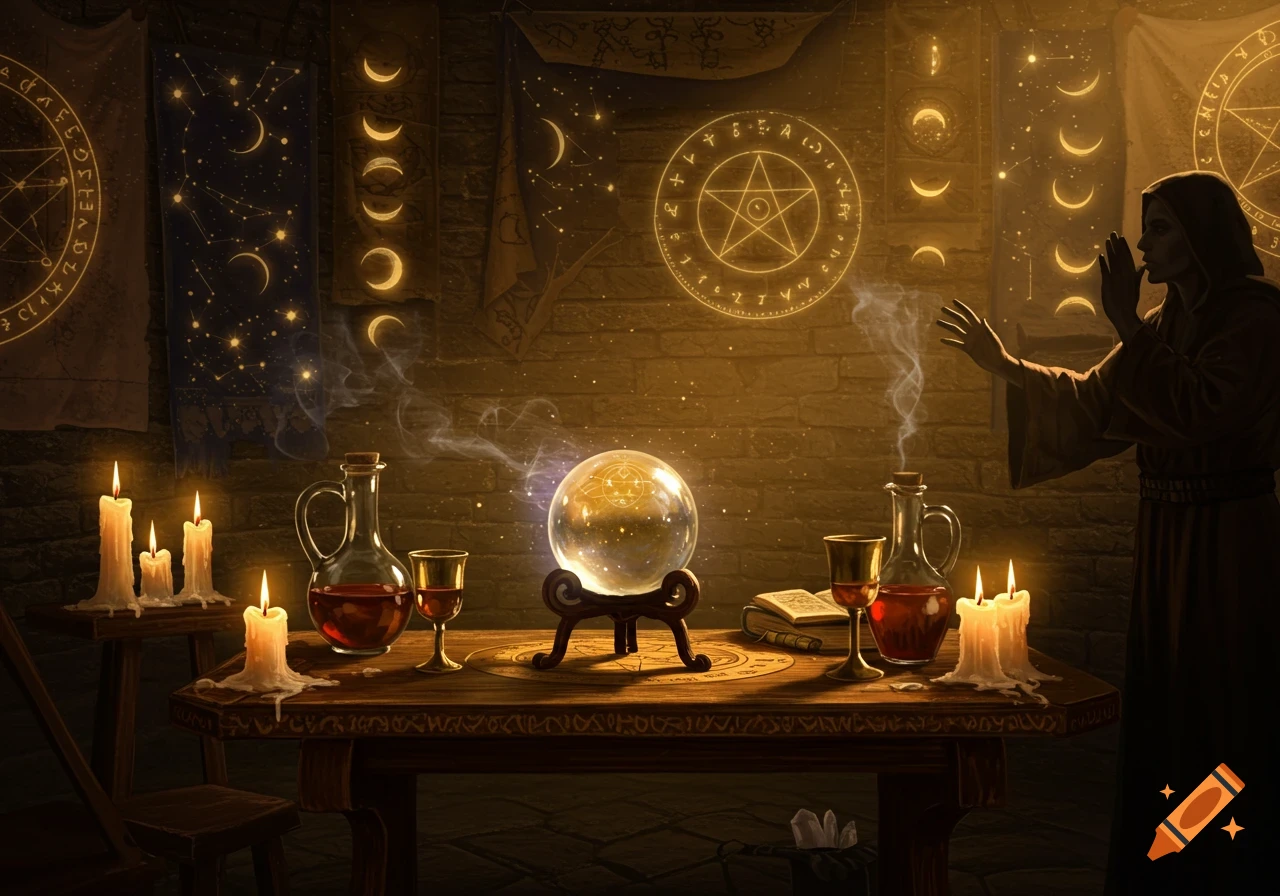 A hooded figure stands over a glowing crystal ball on a table with candles, bottles, and goblets, surrounded by mystical symbols.
