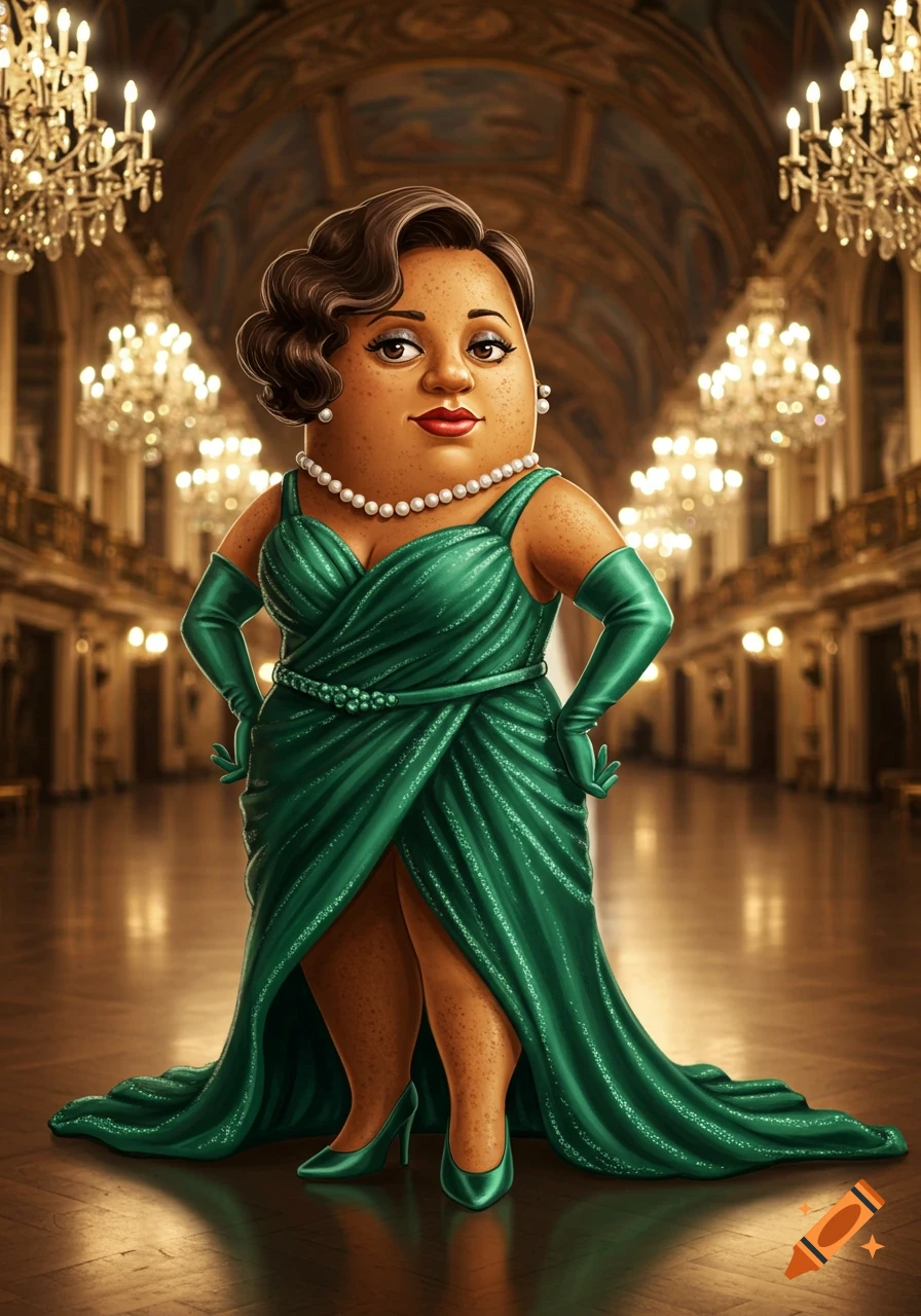 A cartoon potato woman in an elegant green dress and pearls stands in a grand ballroom.