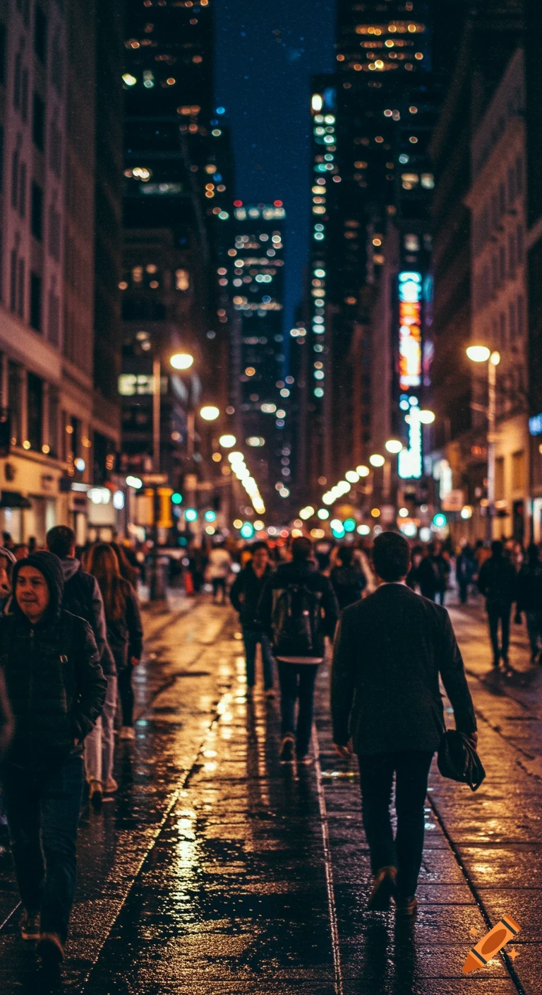 A busy city street at night with people walking on a wet sidewalk, reflecting vibrant street and building lights.