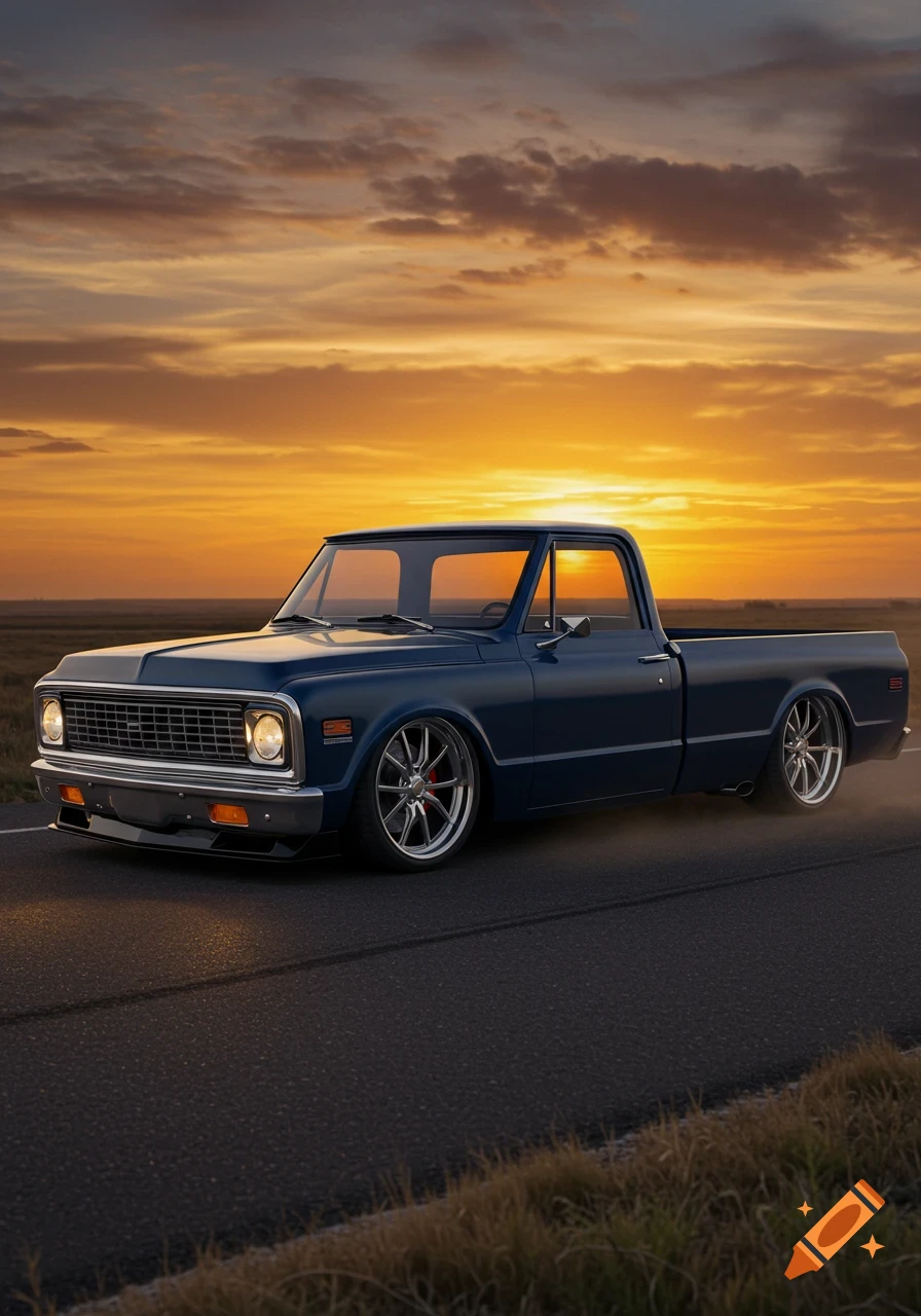 A dark blue classic Chevrolet C10 pickup truck with a wide body kit on a road at sunset.