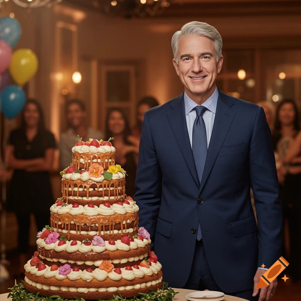 A smiling man in a suit stands next to a large, multi-tiered birthday cake in a celebratory setting with blurred people in the background.
