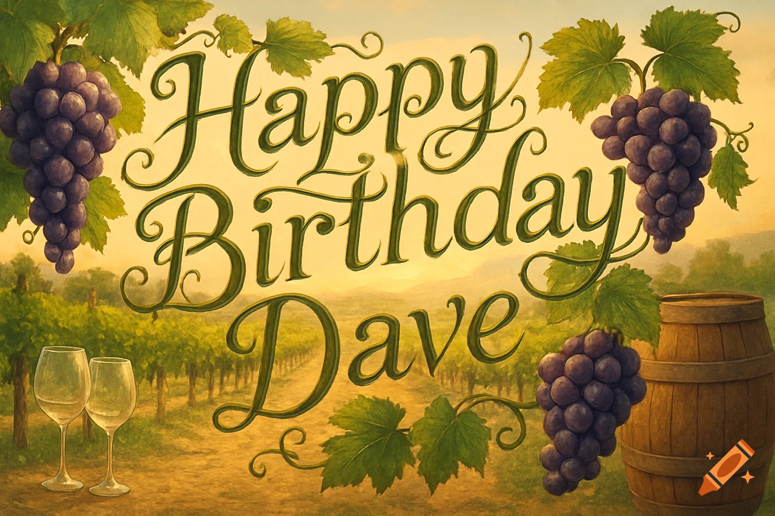 A Happy Birthday Dave banner with a vineyard theme, featuring grapes, leaves, wine glasses, and a barrel.