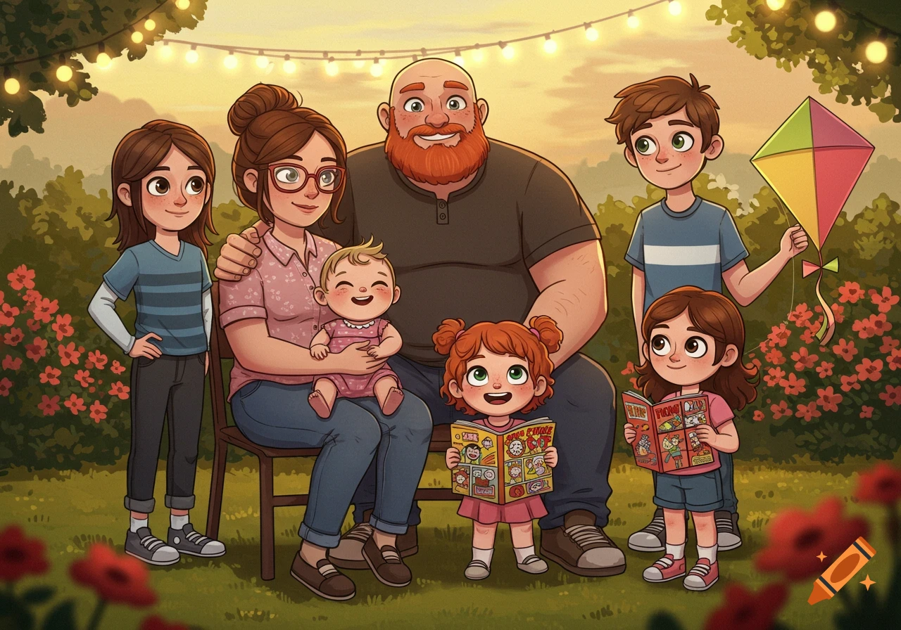 A cartoon illustration of a diverse family of six sitting together outdoors. The father has a red beard, the mother wears glasses and holds a baby, while older children read books and hold a kite. They are surrounded by green grass and red flowers under string lights.