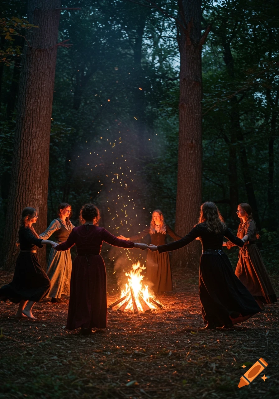 Six women in long dresses hold hands around a bonfire in a dark forest at night.