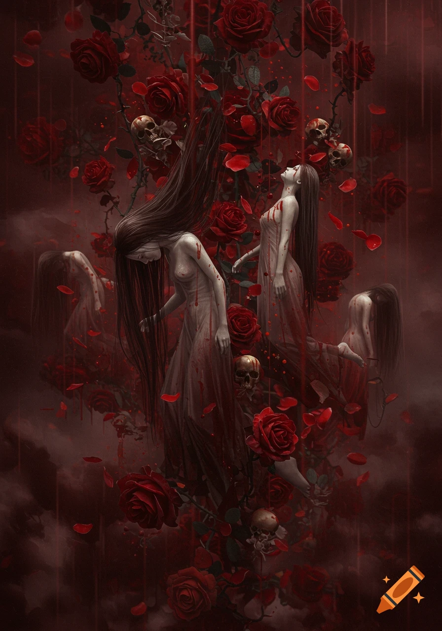 Multiple long-haired women covered in blood-like liquid, surrounded by red roses, petals, and skulls, in a dark gothic fantasy style.