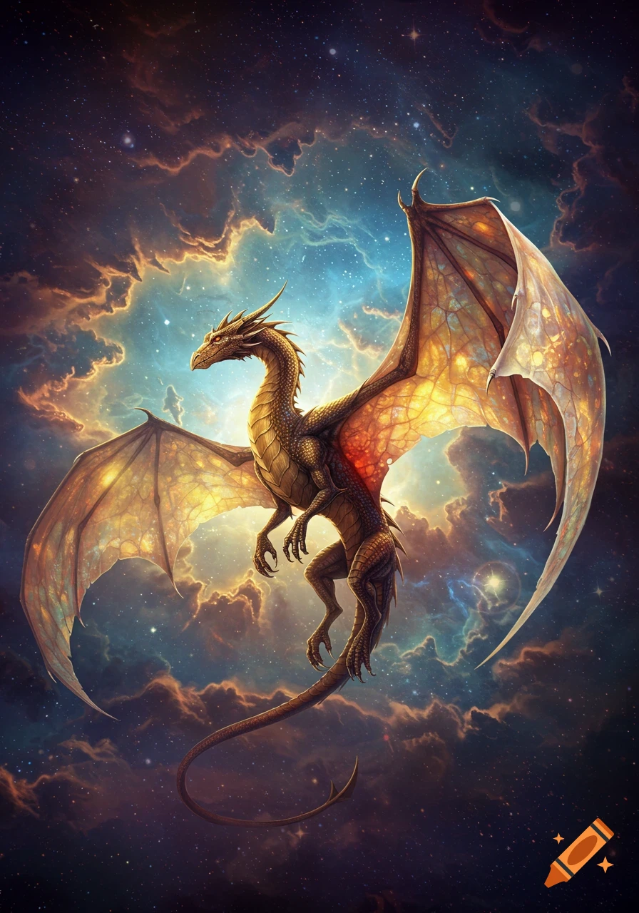 A majestic golden dragon with large wings soars through a vibrant cosmic sky filled with colorful nebulae and sparkling stars.