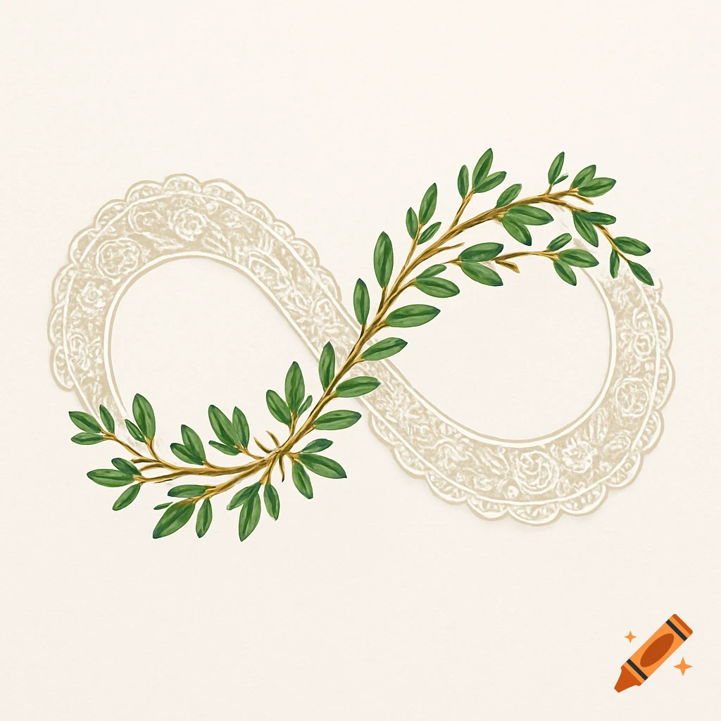 An infinity symbol made of white lace, intertwined with a green leafy branch on a cream background.