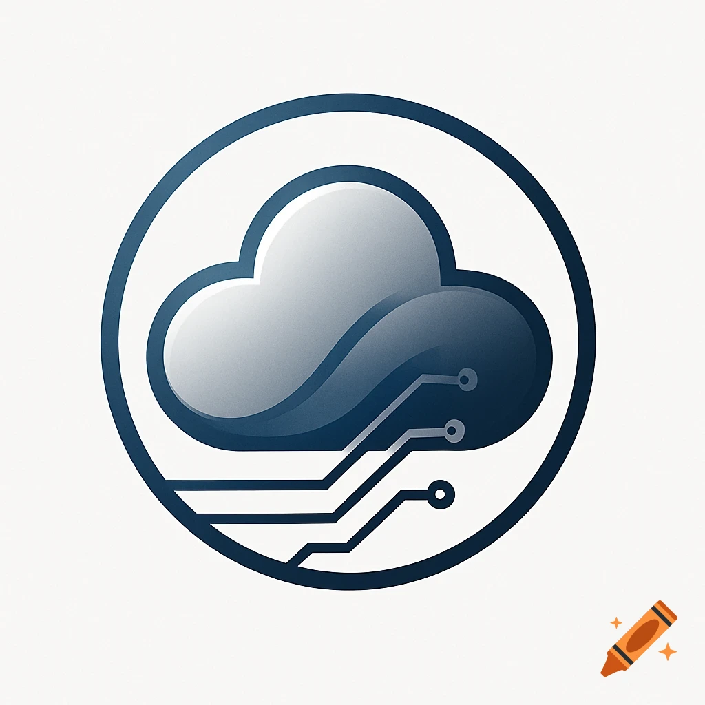 A blue and white gradient cloud with circuit lines inside a dark blue circle logo on a white background.
