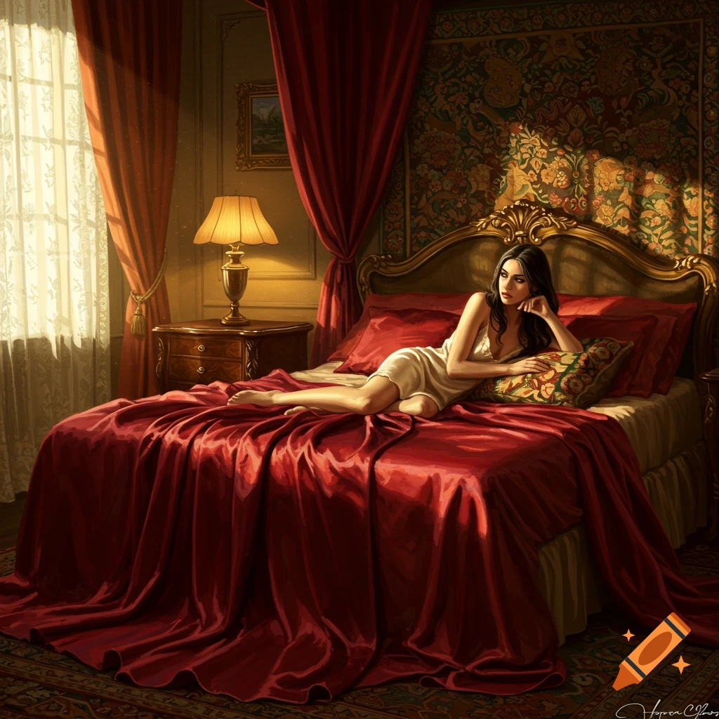 A woman in a white slip reclines on a lavish red silk bed in a richly decorated bedroom, painted in a classical style.