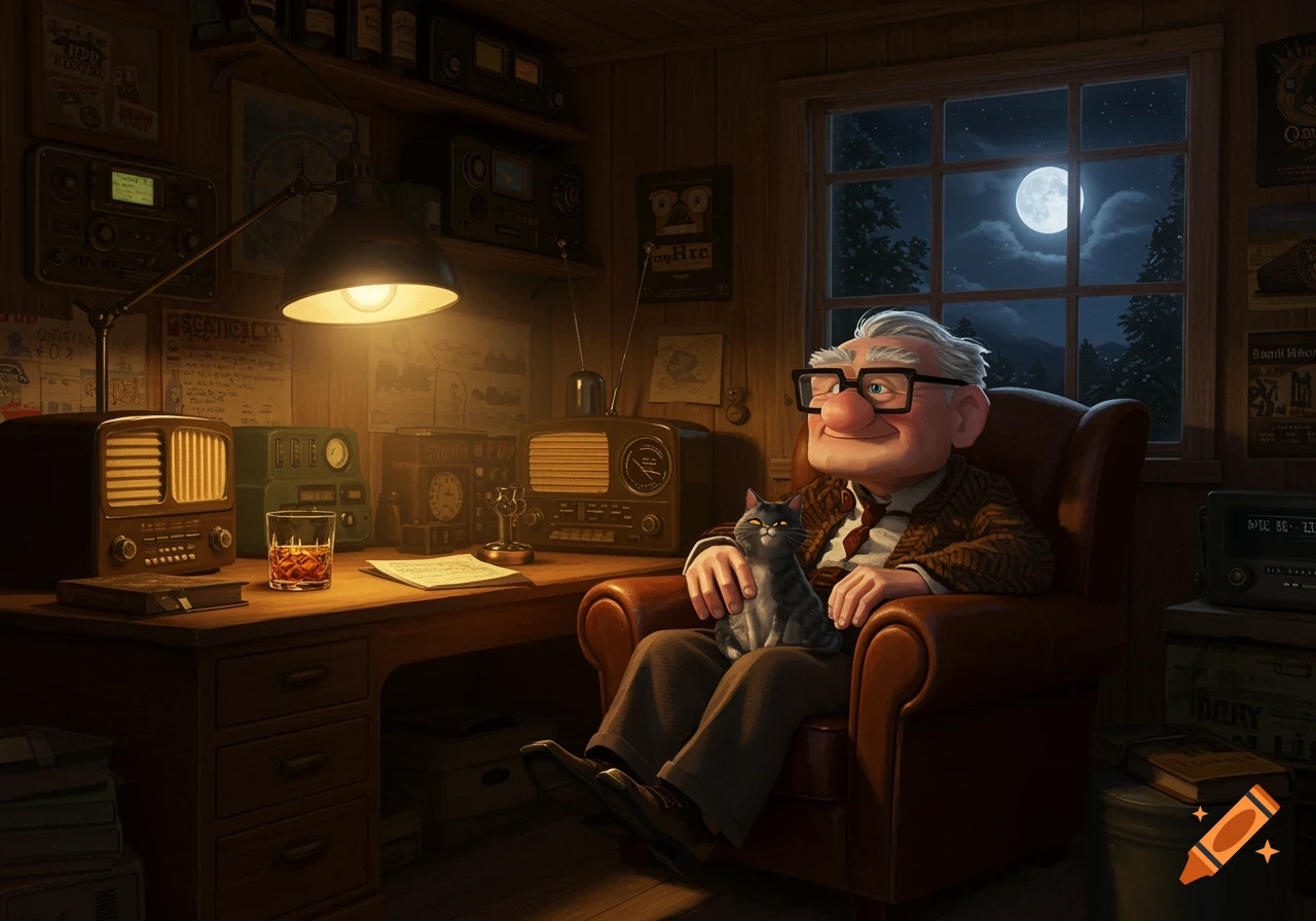 Carl Fredricksen from Up! sits smiling in a cozy, retro radio room at night, stroking a cat on his lap with a glass of whiskey on the desk, lit by a desk lamp and moonlight.