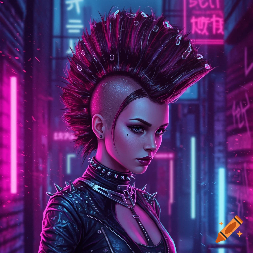 A punk woman with a large mohawk and studded leather jacket stands in a neon-lit cyberpunk city.