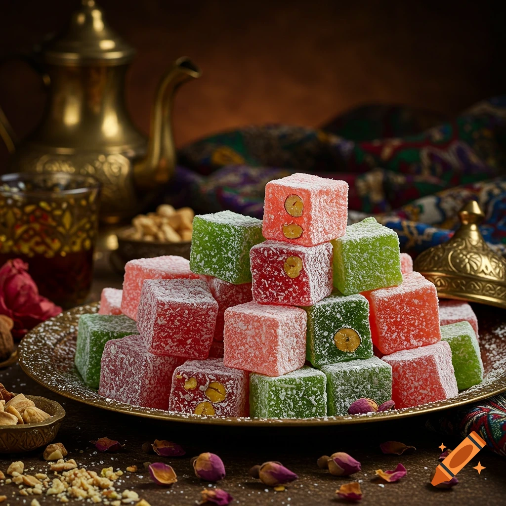 A close-up shot of a mound of colorful, sugar-dusted Turkish delight candies with nuts on a golden plate, with a teapot in the background.