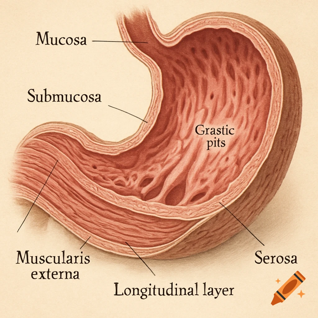 Detailed cross-section illustration of the human stomach, showing layers like mucosa, submucosa, and muscularis externa, with labeled grastic pits.