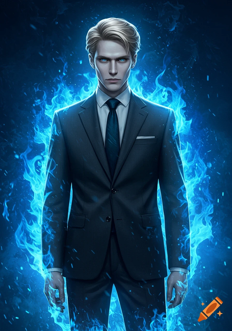 A blonde man in a dark suit with glowing blue eyes stands surrounded by bright blue flames.