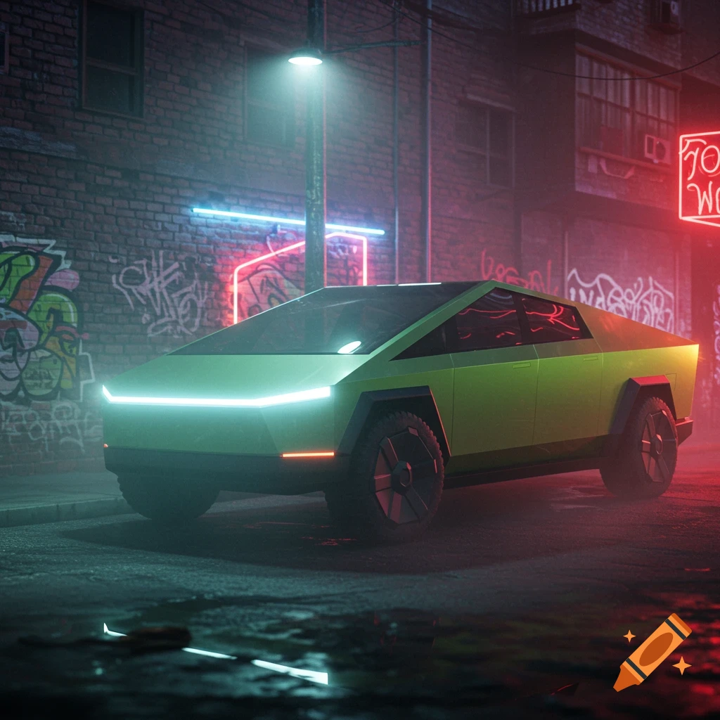 A green Tesla Cybertruck with illuminated headlights parked in a dark, neon-lit alleyway with graffiti-covered brick walls.