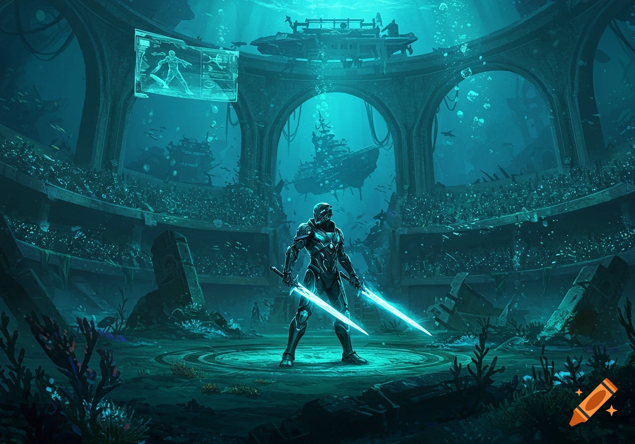 A futuristic warrior with glowing energy swords stands in a vast, ancient underwater arena with a holographic display and sunken ships.