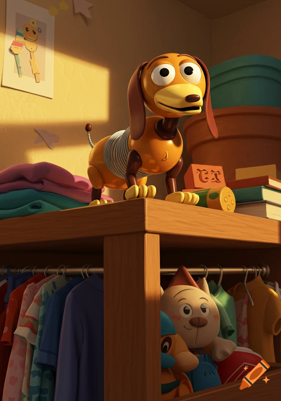 Slinky Dog from Toy Story stands atop a wooden closet, with clothes hanging below, rendered in 3D animation style.