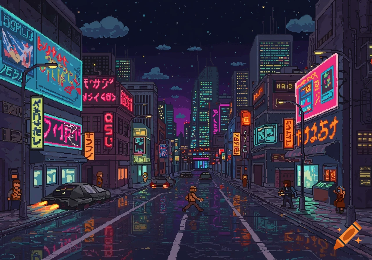 A vibrant pixel art cityscape at night, featuring neon-lit skyscrapers, a wet street reflecting colorful signs, and a futuristic flying car.