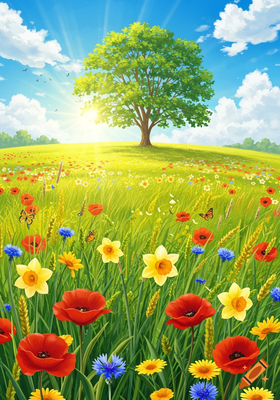 Vibrant illustration of a green tree in a meadow filled with red poppies, yellow daffodils, and blue cornflowers under a bright sunny sky.
