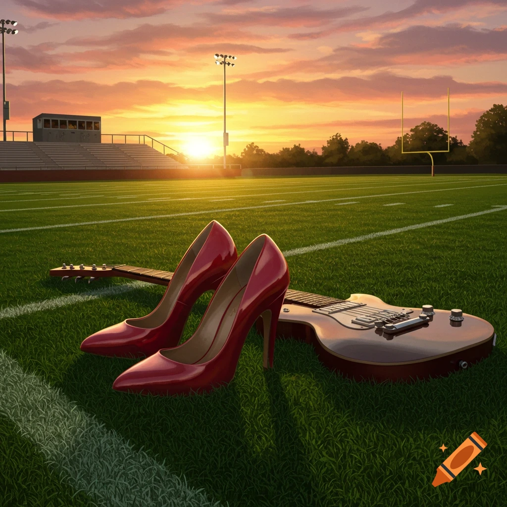 Red high heels and an electric guitar on a high school football field at sunset, photorealistic.