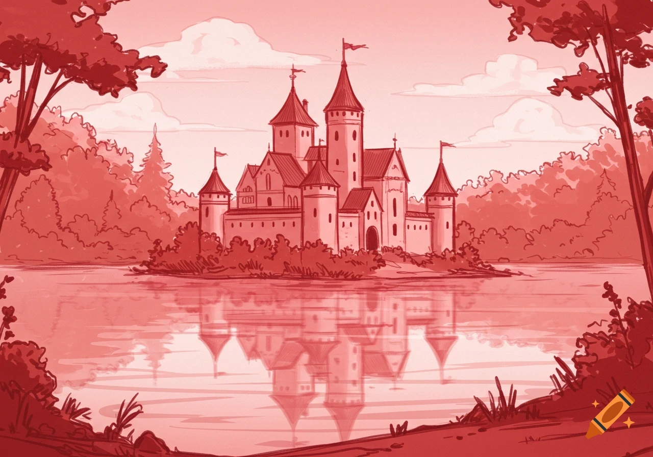 Rough red ink sketch of a medieval castle on an island in a lake surrounded by a forest.