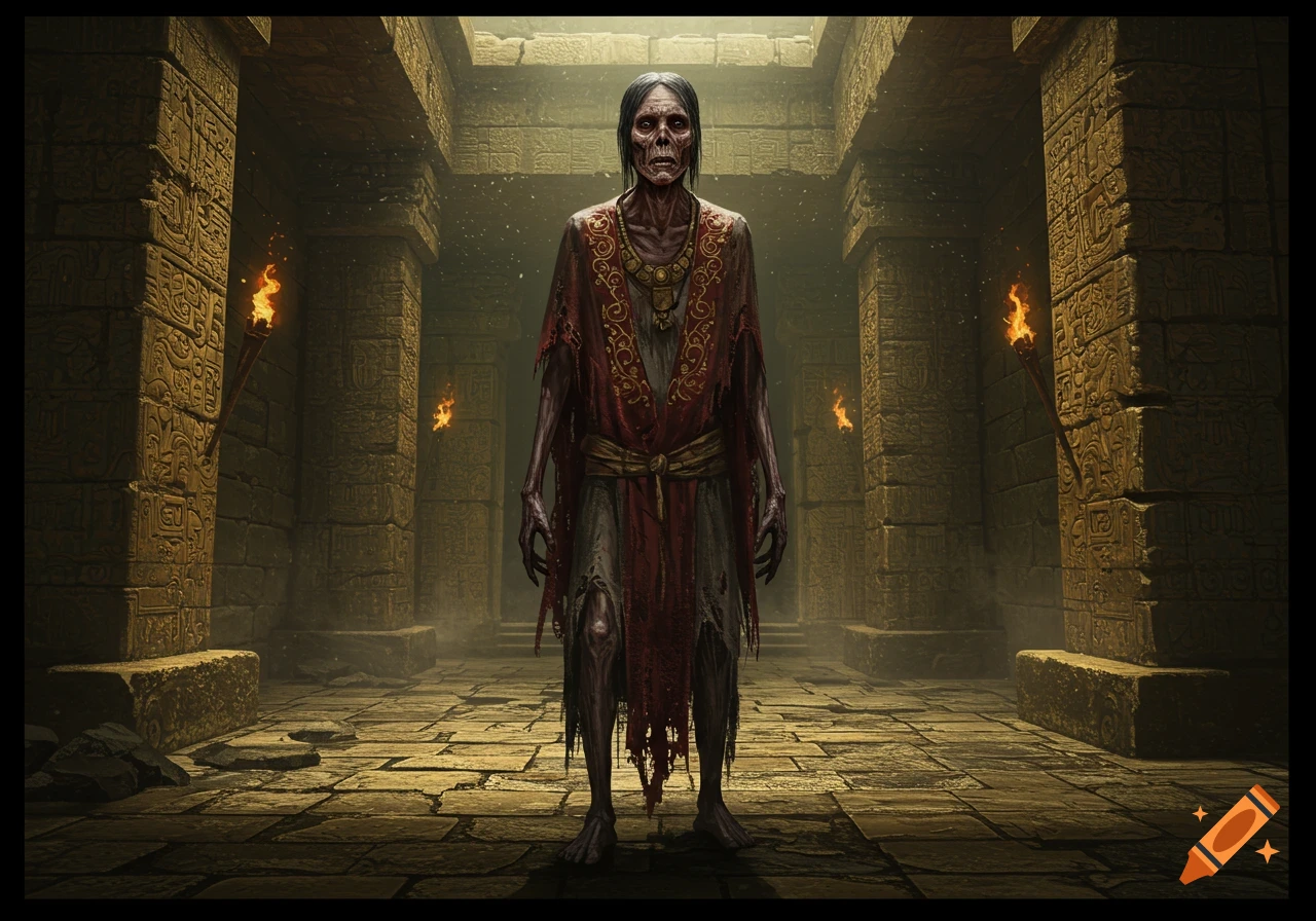 A gaunt, zombie-like figure in tattered robes stands in a dark, torch-lit ancient stone temple with carved pillars.