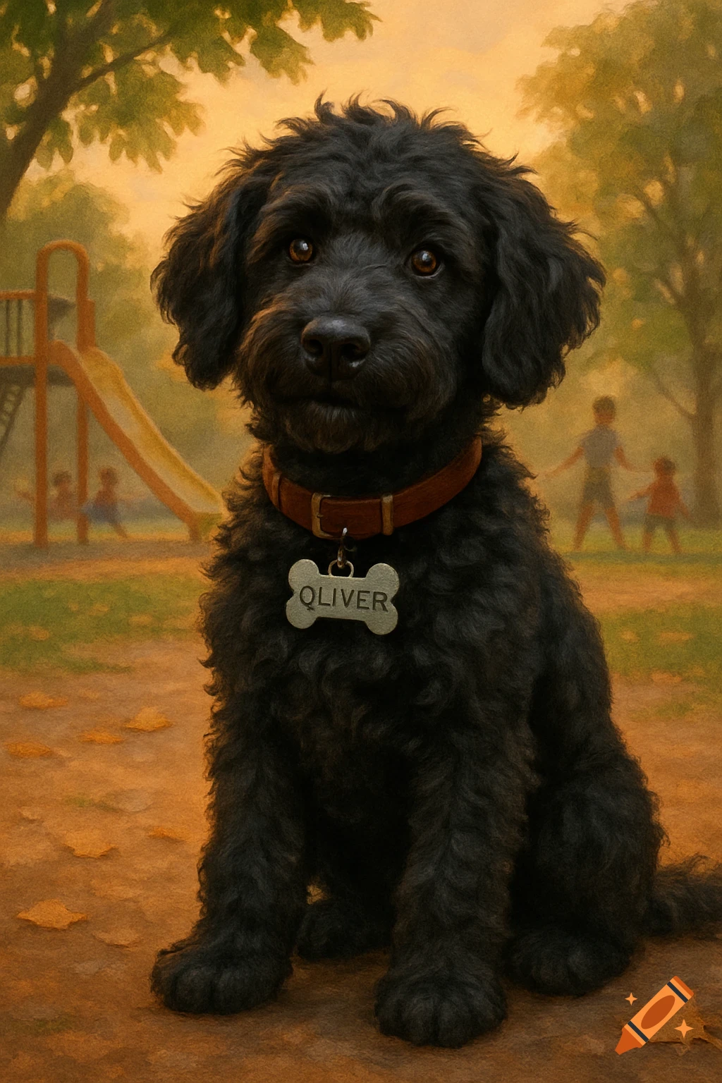 A black doodle dog sits in a park with a brown collar and bone tag, in a painterly style.