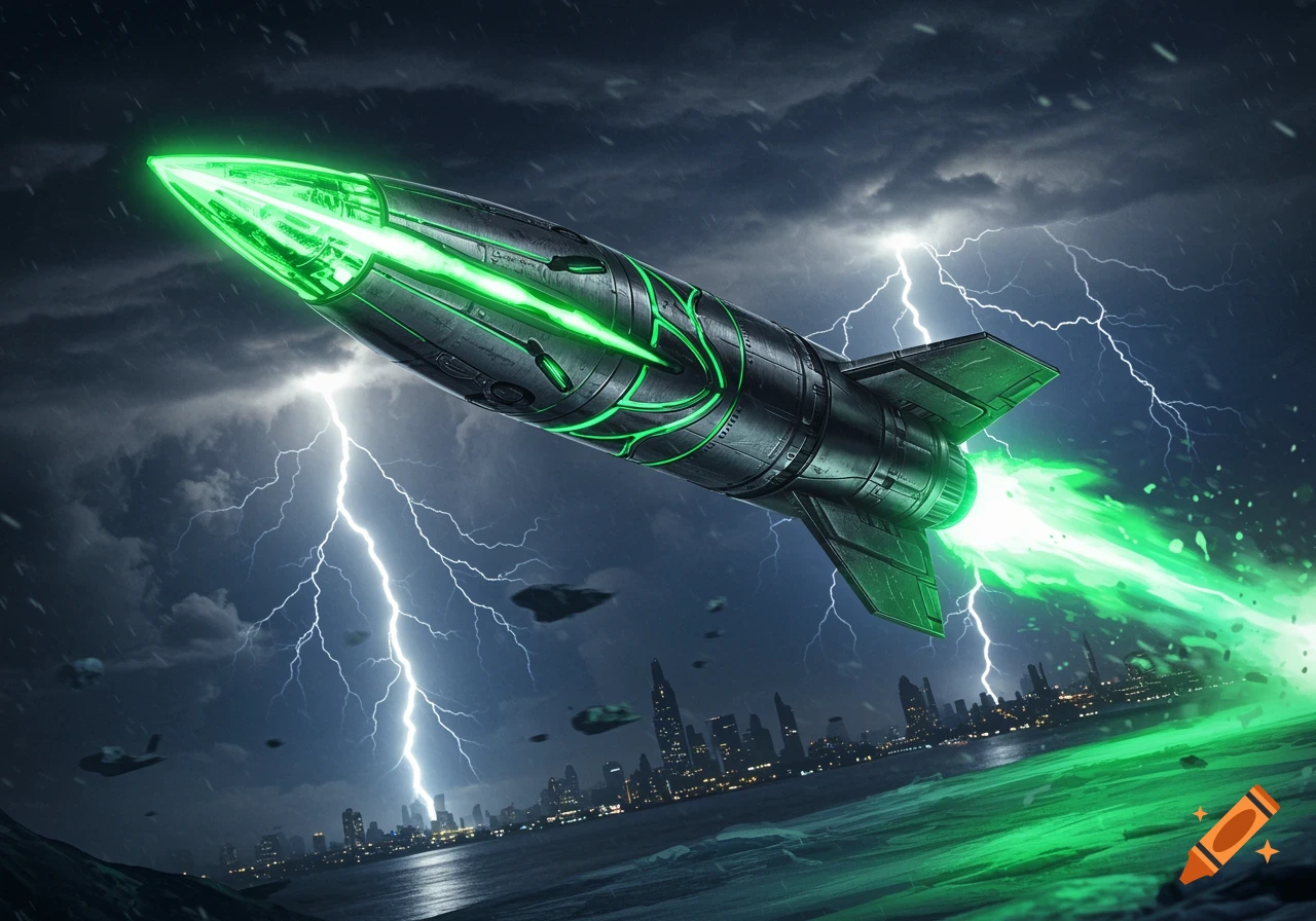 A green glowing missile ascends over a city skyline at night during a lightning storm, with green energy trailing from its engine.