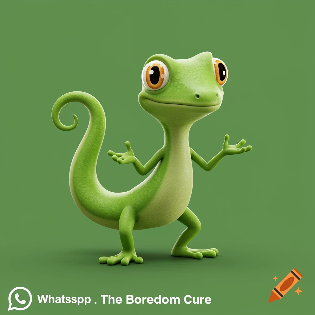 A smiling green cartoon lizard with large orange eyes on a plain green background. Text reads 'Whatsspp . The Boredom Cure'.