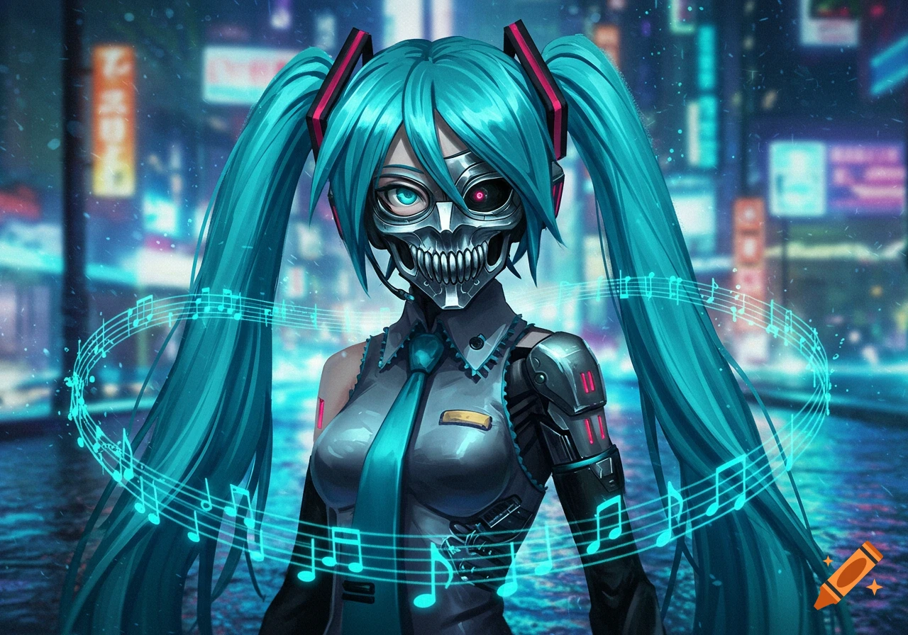Hatsune Miku with teal pigtails, wearing a metallic skull mask and robotic arm, surrounded by glowing music notes in a neon cyberpunk city.