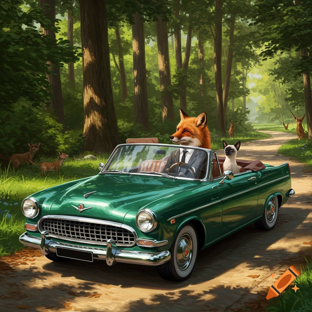 A fox in a suit drives a green classic convertible car with a Siamese cat in the passenger seat through a sun-dappled forest path.