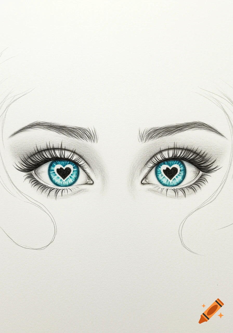 A detailed pencil sketch of two blue eyes with black heart-shaped pupils, long eyelashes, and subtle eyebrows.