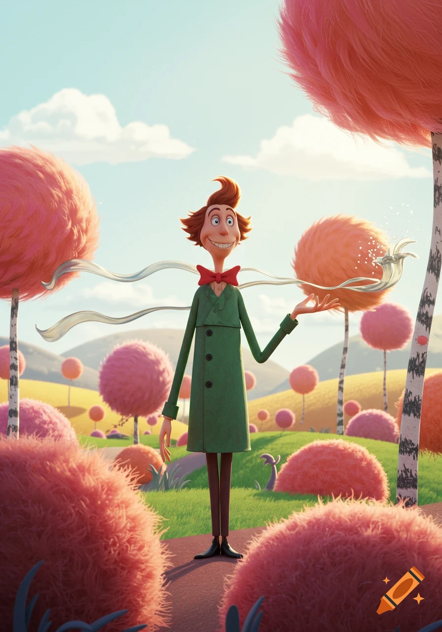 A tall, slender cartoon man with a green coat and red bowtie stands in a whimsical landscape of pink and orange fluffy trees.
