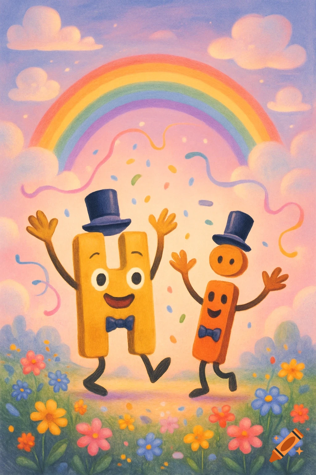 Cartoon letters 'H' and 'i' wearing top hats and bow ties celebrate with confetti under a rainbow in a flowery field.