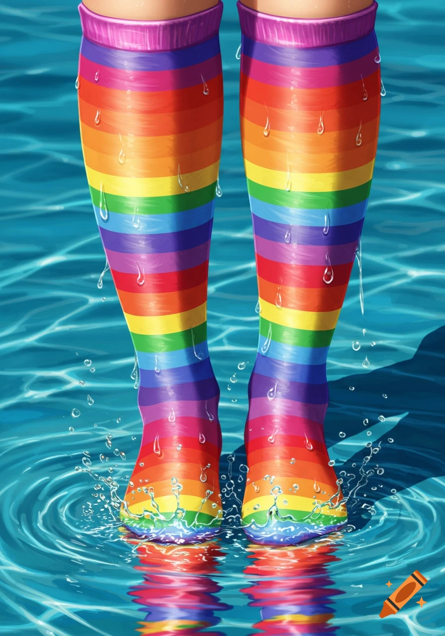 Illustrated legs in rainbow thigh-high socks standing in water with splashes and ripples.