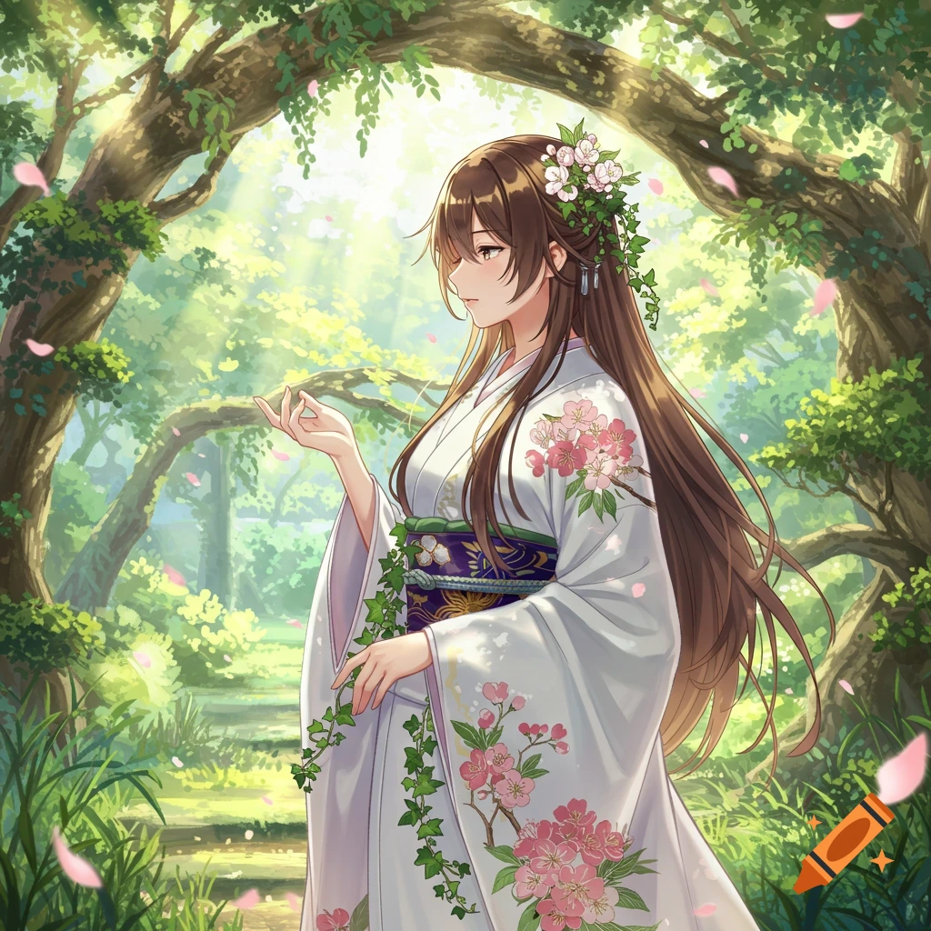 Anime illustration of a Japanese woman in a flower-adorned white kimono amidst a sunlit, lush forest.