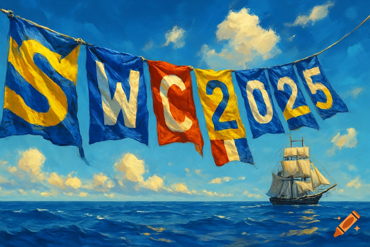 A painterly image of nautical flags spelling 'SWC 2025' over a blue ocean with a tall ship.
